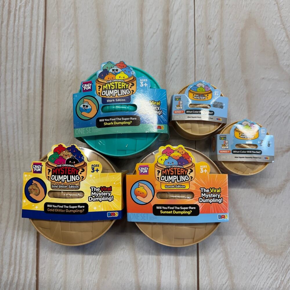 5 RMS Five Below Mystery Squishy Dumpling Golden Glitter Shark Sunset Edition